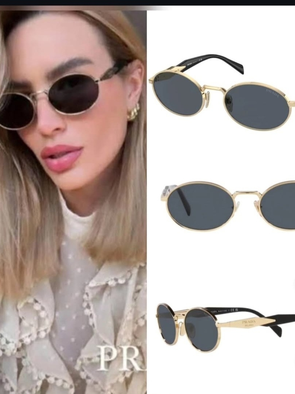 Prada Gold Oval Sunglasses with Black Lenses
